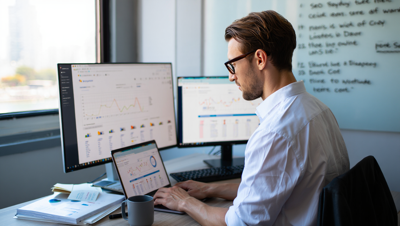 Схема факторов ранжирования SEO, Таблица бюджета и сроков SEO, Изображение человека, работающего с SEO-данными